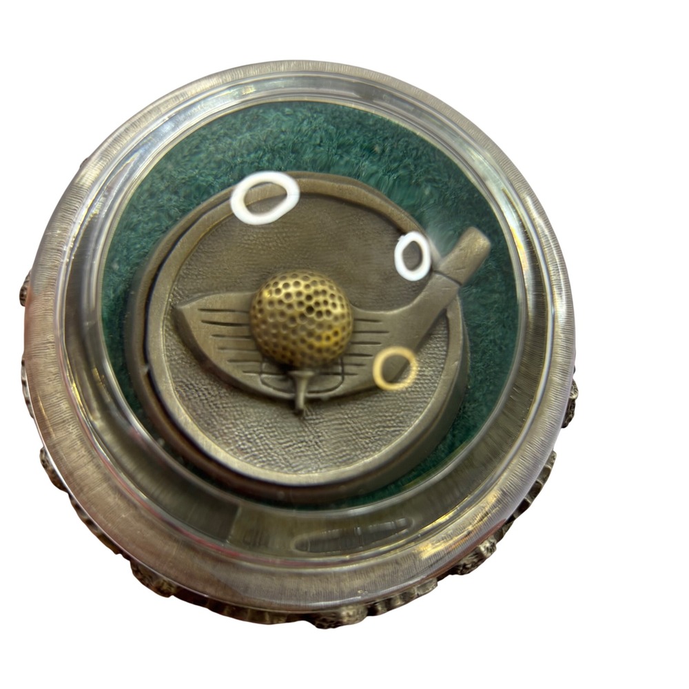 Vintage Golf Ball and Club Glass Dome Paperweight Ornate Metal Base 3.5 Inch